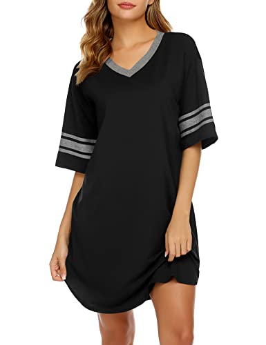 Ekouaer Women's Nightgown, Cotton Novelty Sleepshirts V Neck Short Sleeve Sleep Shirt Loose Comfy Pajama Sleepwear S-XXL